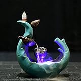 Spie Backflow Incense Burner Holder Ceramic Antique Creative LED Light Lotus Pond Aromatherapy Furnace Viewing Sandalwood Tea Ceremony Home Decoration (Included Battery)