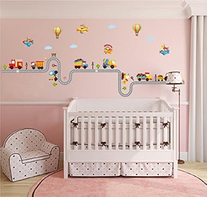 La Chambre Des Enfants Pepiniere Autocollants Amovibles Ufengke Voiture De Bande Dessinee Avion Montgolfiere Stickers Muraux Peintures Outils Et Traitement Des Murs Stickers Muraux Kendalfloral Com