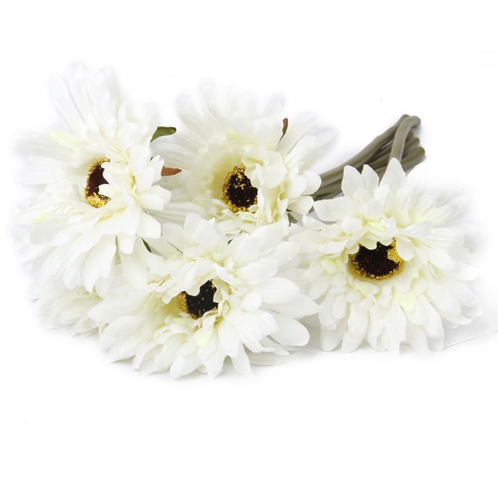 Amosfun 5pcs Artificial Gerbera, Long Stem Gerbera Daisy for Vase Filling, Simulation Cream White for Home Office Wedding Decoration