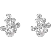 Luxury Flower Pearl Cubic Zirconia Crystal Statement Stud Earrings for Women Dainty Sterling Silver Post Diamond Blossom Flowers Studs Hypoallergenic Fashion Trendy Jewelry Wedding Valentines Day Birthday