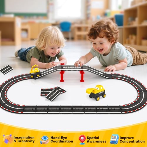 IGIVI Magnetic Tiles Road Race Track with Engineering Car, Magnetic Building Blocks for Toddler Kids Toys, Educational Construction Toys Gift for 3+ Year Old Boys and Girls