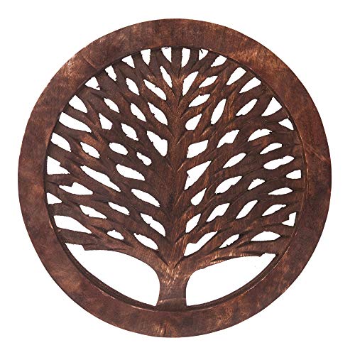 Set of 2 Wooden Trivet Tea Pot Holder Tree of Life Design Heat Resistant Durable Handmade Mango Wood Kitchen Dining Table Accessories Dia 8'' Inch (Set of 2 Walnut)