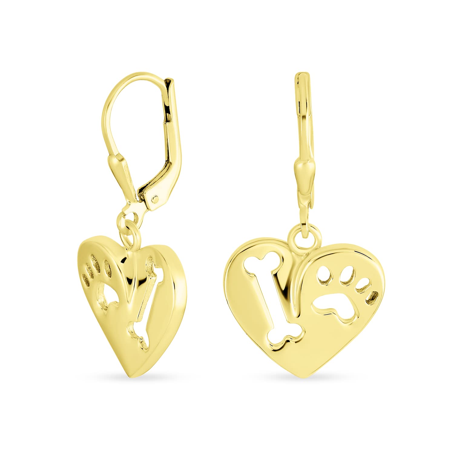 I Love My Dog Heart Shape Cut Out Puppy Pet Bone Animal Lover Paw Print Drop Dangle Lever back Earrings For Women 14K Yellow Gold Plated .925 Sterling Silver