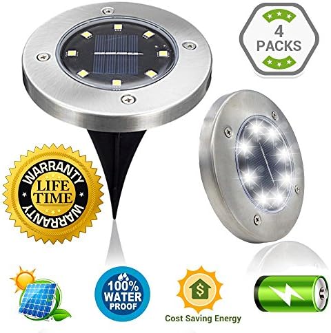 SLK GREEN New Upgraded 8 LED Solar Power In-ground Light Disk Light Path Light Waterproof Outdoor for House/Landscape Garden/Yard/Garage/Patio Light Cool/Bright White Light (4 Pack Included)