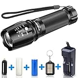 Tactical Flashlight, 800 Lumens BYBLIGHT Zoomable Flashlight, Rechargeable Cree Led Flashlight with AC Charger and 26650 Battery, Bouns Solar Power Keychain Flash Light ()