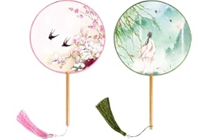 BAOZOON 2 Pcs Silky Translucent Ancient Round Fan Classic Silk Hand Held Fans Floral Pattern Palace Paddle Dance Fan with Tassel Wooden Handle Wedding Favor Gift Home Decor(Color#6)
