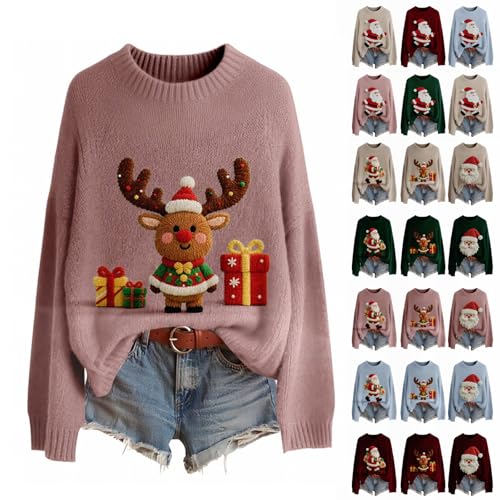 Christmas Jumpers for Women Womens Christmas Jumpers Fashion 3D Xmas Print Knitted Sweaters Ladies Xmas Sweaters Winter Warm Womens Long Sleeve Tops Soft Comfort Crew Neck Jumper Oversized Sweatshirt