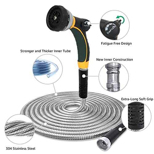 TheFitLife Flexible Metal Garden Hose Upgrade Leak and Fray Resistant Design, Stainless Steel