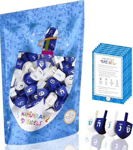 Wood Dreidel Bulk Solid Blue & White Wooden Hanukkah Dreidels Hand Painted with English Transliteration- Includes Game Instruction Cards (50-Pack)