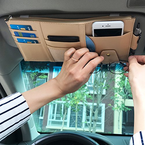 Vankcp Car Sun Visor Organizer, Auto Interior Accessories Sunglass Pen CD Card Small Document Storage Pouch Holder, PU Leather, Multi-Pocket with Zipper Net (Black)