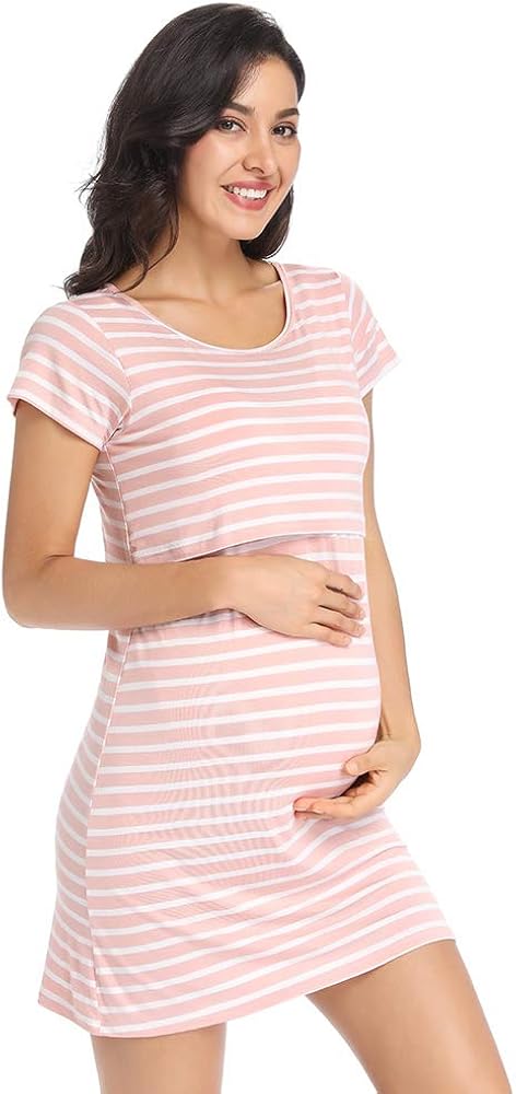 Ritera Maternity Dress Nursing Nightgown Strip Breastfeeding Nightshirt Short Sleeve Sleepwear 