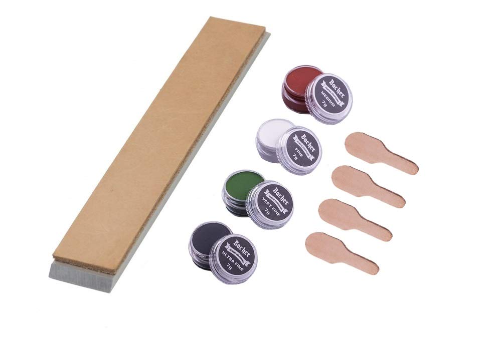Bacher System Knife Sharpening Leather Strop – Set of 1 Strop + 4 Honing Compounds for Fixed Angle Apex Edge, Ruixin and KKmoon Sharpening Systems