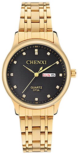 Fanmis Men's Luxury Quartz Black Dial Gold Watches Stainless Steel Band Classic Day Date Window 3ATM Waterproof Dress Wrist Watch (Black)