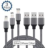 Cablex iPhone Charger 3Pcs 3ft 6ft 10ft Nylon Braided 8Pin Lightning to USB Cable Cord Charger Compatible with iPhone 7 7 Plus 6 6s 6 plus 6s plus, iPhone 5 5s 5c,iPad, iPod and More(Black)