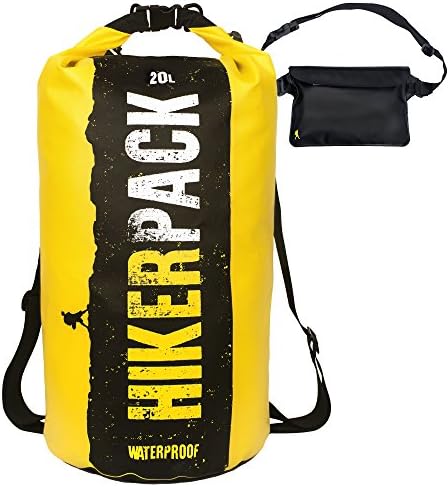 Hikerpack Waterproof Dry Bag Yellow Backpack - Roll Top Dry Compression Sack - 2 adjustable shoulder straps - for Kayaking, Boating, Camping, Motorcycle, Hiking, Snorkeling plus Waterproof Waist Pouch