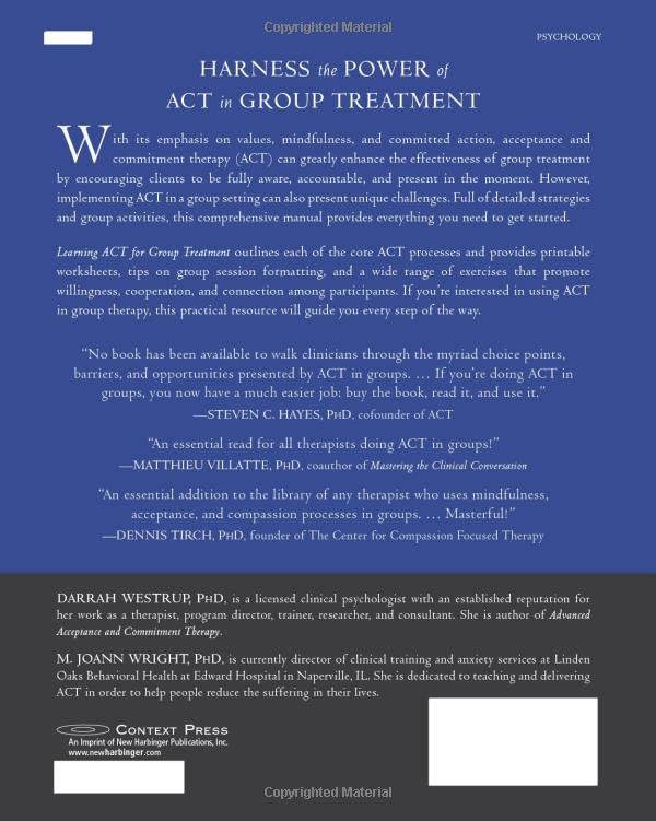 learning act for group treatment an acceptance and commitment therapy skills training manual for therapists westrup phd darrah wright phd m joann 9781608823994 books amazon ca