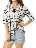 Allegra K Women Roll Up Sleeves Buttoned Tunic Plaid Shirt