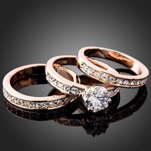 Ploymanee Jewelry 3-in-1 Women's CZ Wedding Ring Set White/Yellow/Rose Gold Filled Engagement Band (9)