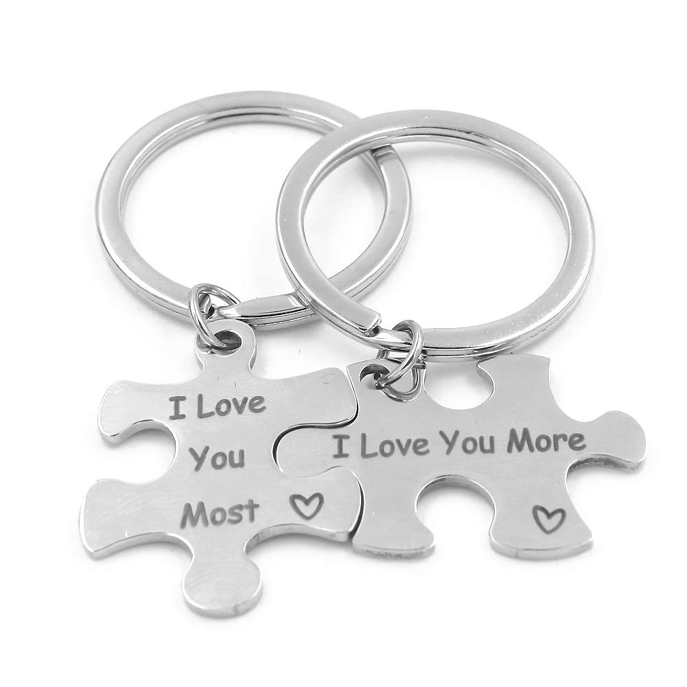 Boerni 2 Pcs Puzzle Piece Keychain Set,I Love You Most & I love You More Metal Keyring Couples Key Rings for Valentine Day Christmas