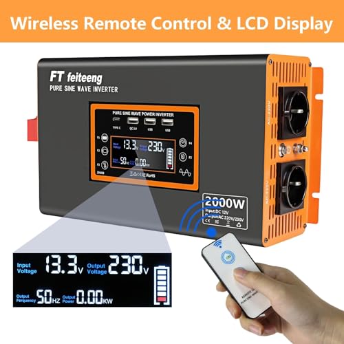 2000 W / 4000 W Inverter 12 V to 230 V Pure Sine Wave EU Sockets 30 W USB-C LCD Remote Control Voltage Converter for Caravan Truck Solar