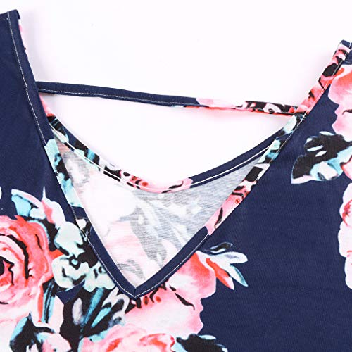 Lloopyting Women's Print Casual Loose Pocket Long Straight Dress Short Sleeve V-Neck Fashion Maxi Dress Blue