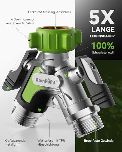 RAINPOINT 2-Way Distributor, Full Metal Heavy Duty Water Distributor with 5.2 cm Extra Long Side Lever & Shut-off Valves, Garden Hose Y Splitter 3/4 Inch & 1/2 Inch, Simultaneous Double Connection (Green)