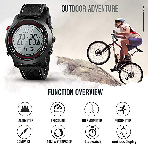 Men Digital Sports Watches with Compass Pedometer Altimeter Barometer Military Waterproof Wristwatch with Leather Band