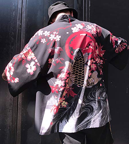 Men's Kimono Yukata Cardigan Casual Dragon Pattern Open Front Coat (Black Fish, Medium) - Thumbnail 4