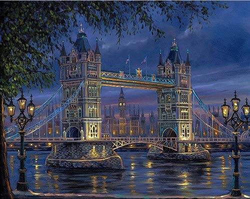 YEESAM ART Paint by Numbers for Adults Beginners London Tower Bridge 16x20 inch Linen Canvas Acrylic DIY Number Painting Kits Wall Art Decor Gifts (Framed)