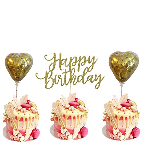 Happy Birthday Cake Topper With 2 Heart Confetti Gold Balloons, 1st