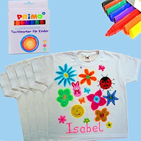 German Trendseller®- 5 x Kinder T-Shirts + Gratis: 8 x Bunte Textilstifte ? Größe: 116 (ca. 5 - 8 Jahre) ? Sonderpreis