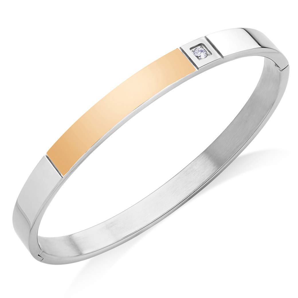 555Jewelry Stainless Steel Oval Hinged Lock Sparkly Cubic Zirconia Wrist Cuff Bangle Bracelet for Men & Women, Designer Inspired Hinged Bracelets for Women, Silver & Rose Gold