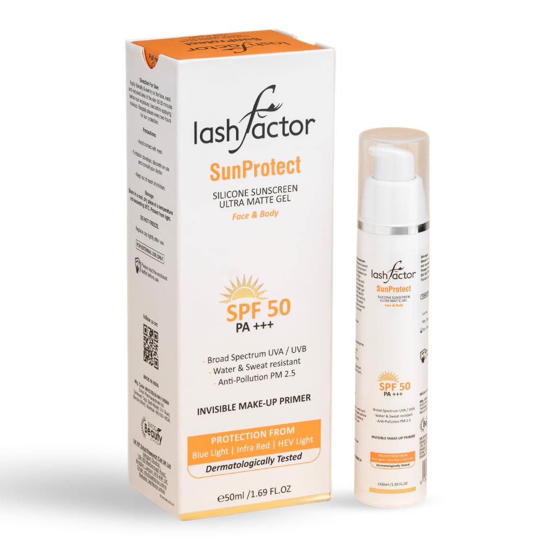 Lashfactor SunProtect - Silicone Sun Cream SPF 50 for Face - PA+++, Broad-Spectrum Formula Protects Skin, Water/Sweat Resistant, Blue Light Protection, Dermatologically Tested, 50ml (Pack of 1)