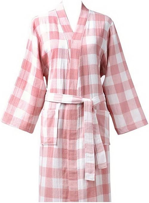 Amazon Co Jp 綿のバスローブ夏の暗号化吸収性のカップル蒸し服ピンクチェッカー ホーム キッチン