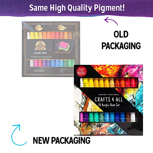 Acrylic Paint Set 24 Colors by Crafts 4 ALL Perfect for Canvas, Wood, Ceramic, Fabric. Non Toxic & Vibrant Colors. Rich Pigments Lasting Quality for Beginners, Students & Professional Artist