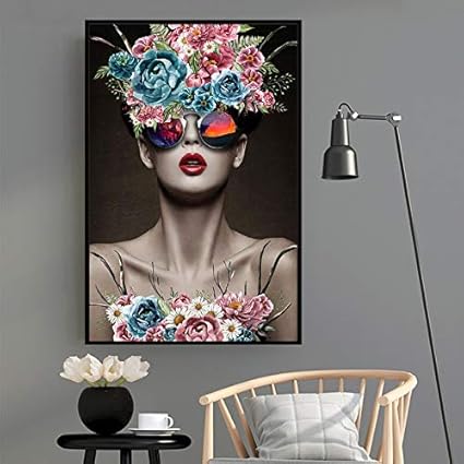 Modelo de moda moderno flores flores mujeres impresiones lienzo arte
