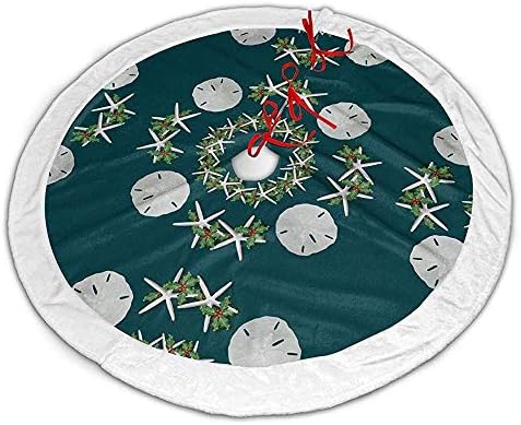Myrdora Tropical Sand Dollars Starfish Teal Christmas Tree Skirt Plush Tree Skirt Ornaments for Xmas Party and Holiday Decorations