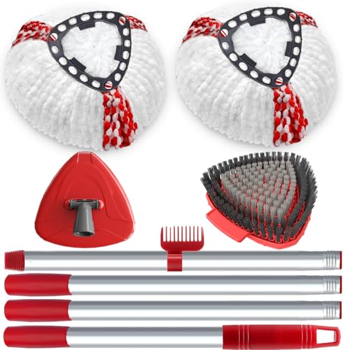 Spin Mop Head Replacement Compatibility with Vileda All Turbo System, 2 Microfiber Mop Refill+1 Handle+1Base+1 Cleaning Brush Comb, Shower Floor Scrubbing Brush Replace Head Deck Scrubber