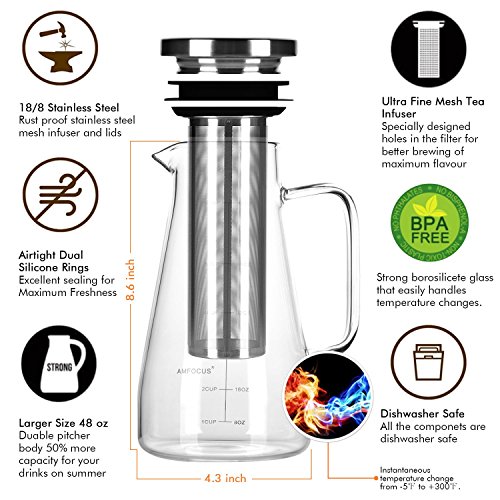 Cold Brew Coffee Maker 48 Ounce/1.5QT - Airtight Iced Coffee Tea Maker - Glass Pitcher  with Reusable Fine Mesh Filter - Glass Carafe Perfect for Homemade Iced Tea Brewer and Coffee - Dishwasher Safe
