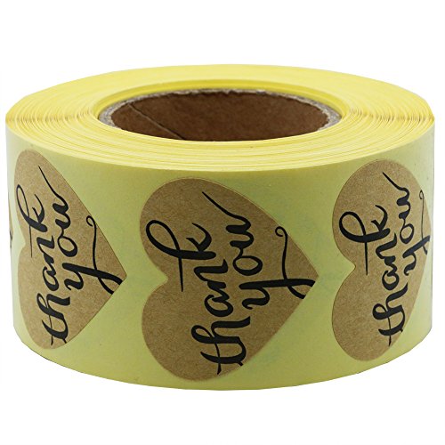 Hybsk Love Heart Kraft Paper Thank You Stickers with Heart 1.5 Inch Adhesive Labels 500 Per Roll (Kraft)