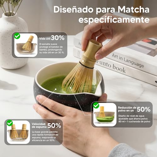 Kit de Té Matcha Tradicional, Juego de Té Matcha 8 Piezas – Tazón de Cerámica Artesanal, Batidor de Bambú, Soporte y Cuchara Kit Completo para Ceremonia de Té Japonesa en Casa (negro)