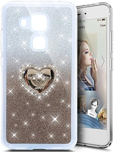 Huawei Nova Plus Silicone Case,Huawei Nova Plus Bling Case, Ukayfe [Love Heart Shaped Luxury Bling Rhinestone Diamond Finger Grip Ring Stand Holder] Gradient Color Luxury Glitter Sparkle Bling Designer Soft Gel TPU Silicone Case [Slim Fit, Hard Back Cover] Shining Fashion Style for Huawei Nova Plus, Silver Black