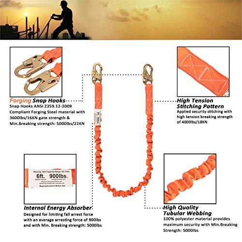 WELKFORDER 6-foot Internal Shock Absorbing Safety Lanyard with Double Snap Hook Connectors ANSI Z359.13-2013 Compliant Fall Protection Equipment (WFL001)