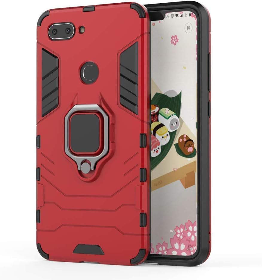 Xiaomi Mi 8 Lite Case, [2.0 Upgraded Version] Tough PC + TPU Soft Silicone Dual Layer Heavy Duty Armor Bumper Protective Cover Ring Kickstand [Plate for Magnetic Car Mount][Red]