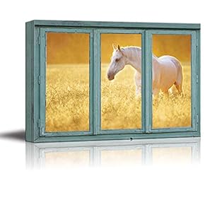 Perfectly White Horse in a Wheatfield - Golden Sunny Haze - Canvas Art Home Art - 24x36 inches