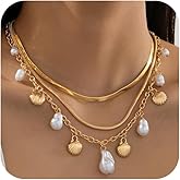 Layered Gold Snake Chain Choker Necklace for Women, Delicate Charm Shell Baroque Pearl Pendant Necklaces Beachy Vacation Jewelry Costume Accessories