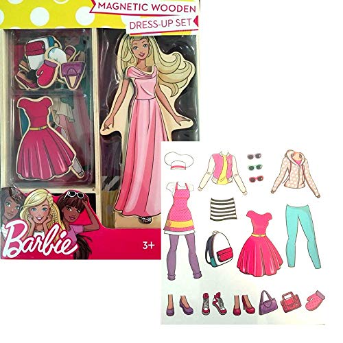 Multiple Barbie My First Magnetic Wooden Dress-Up Doll Set Gift Set and Barbie 2019 Wall Calendar 10x 10 in. and Dress Up Sticker Sheet with 123 Stickers Quiet Art Time 3 Piece Bundle