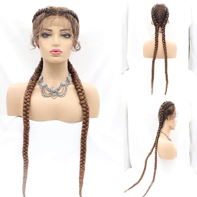 Xiweiya 36inch Mixed Brown Double Twist Hand Braided Lace Front Wigs for Women 100% Hand Made Copper Braideing 360 Swiss Lace Front Wig with Baby Hair
