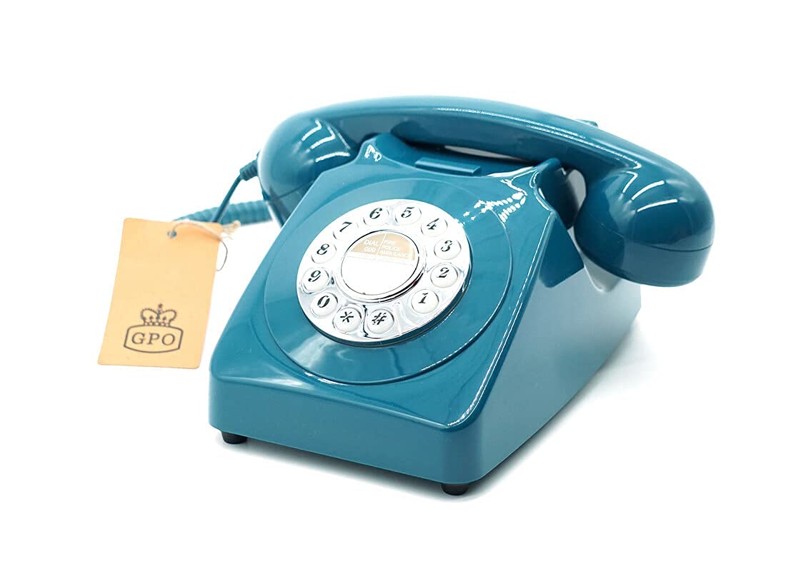 GPO 746 Push-Button Retro Landline Phone, Vintage Landline Telephone for Home, Office, Retro Phones with Authentic Bell Ring and Curly Cord, Azure Blue