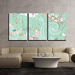 3 Piece Canvas Wall Art - Vector - Drawing of Waves Line and Cute Doodles - Modern Home Art Stretched and Framed Ready to Hang - 16"x24"x3 Panels